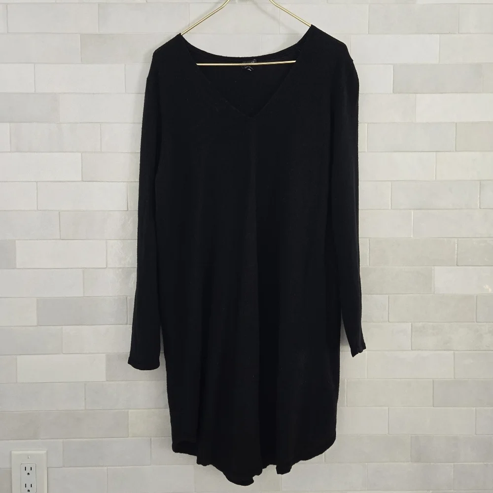 Eileen Fisher 100% Merino Wool V-neck Tunic Dress Top Long Sleeve Solid Black XL - Picture 1 of 7